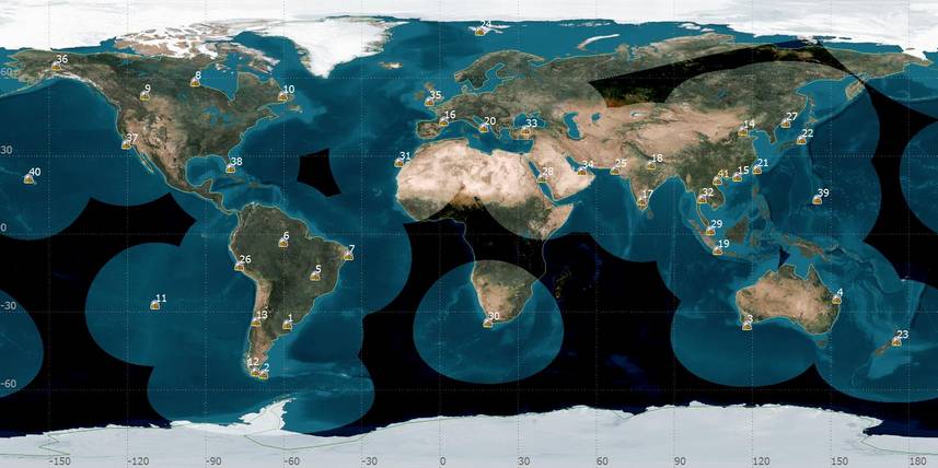 Зоны видимости спутников и расположение наземных станций системы КОСПАС-САРСАТ на 15 декабря 2014 г.